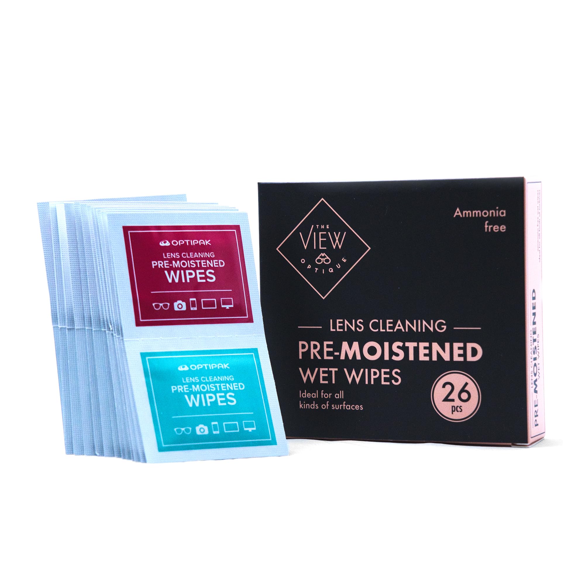 The View Optique Pre-Moistened Wipes for Glasses - Eye Glasses Cleaner Wipes Individually Wrapped - Pre-Moistened Lens Cleaning Wipes for Eyeglasses,