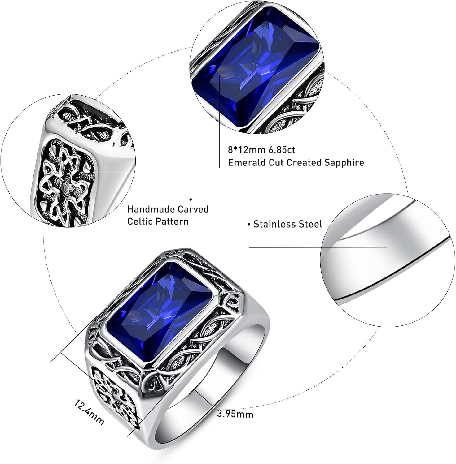 12x8mm Simulated Mens Gemstone Ring Stainless Steel Vintage Celtic Mens Ring, Blue|Red|Black Stone Signet Style Rings for Men Wedding Gift for Husband, Father, Grandpa Size 8-12 - Image 4