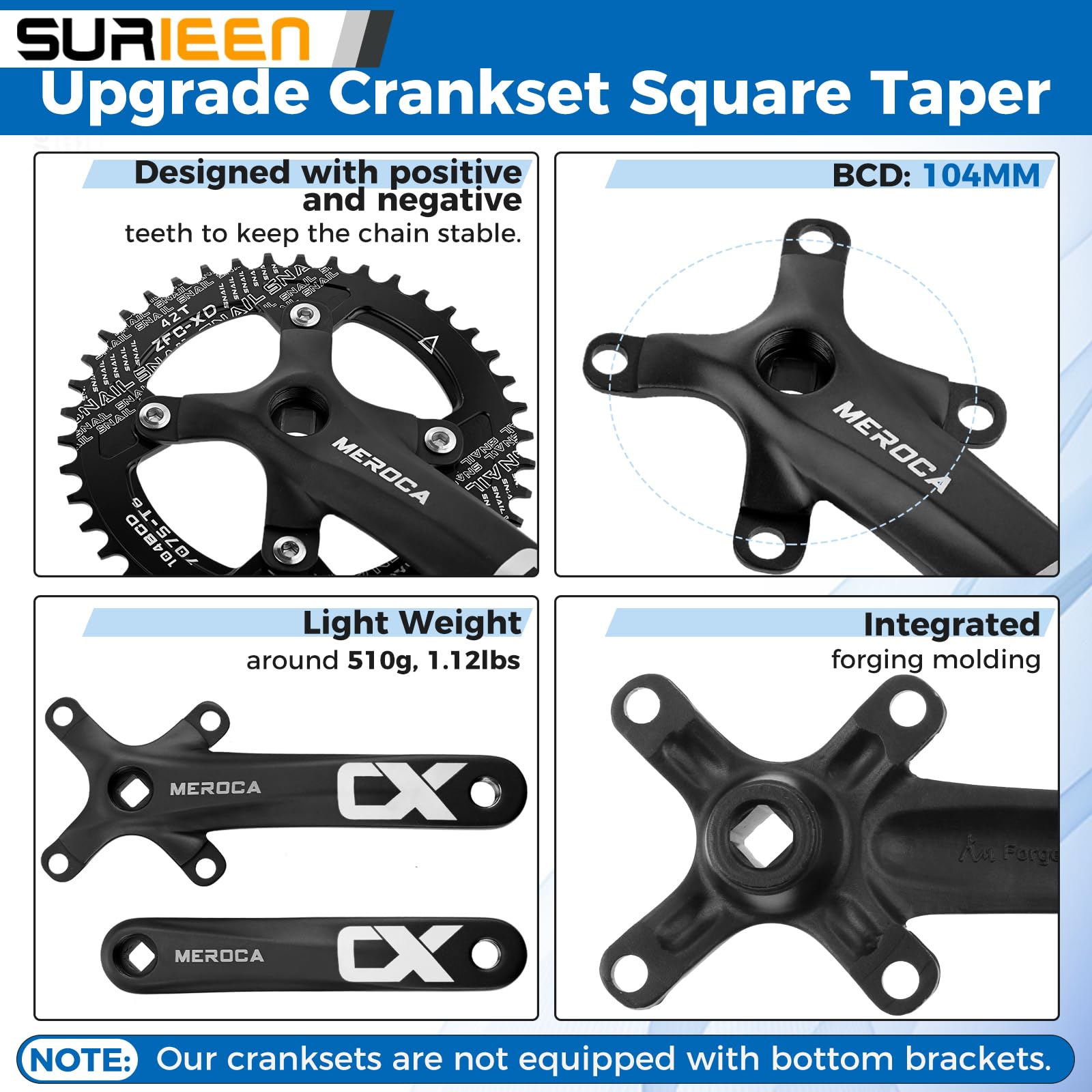 SURIEEN 42T Mountain Bike 170mm Square Crankset, Single Speed Crankset - Image 2