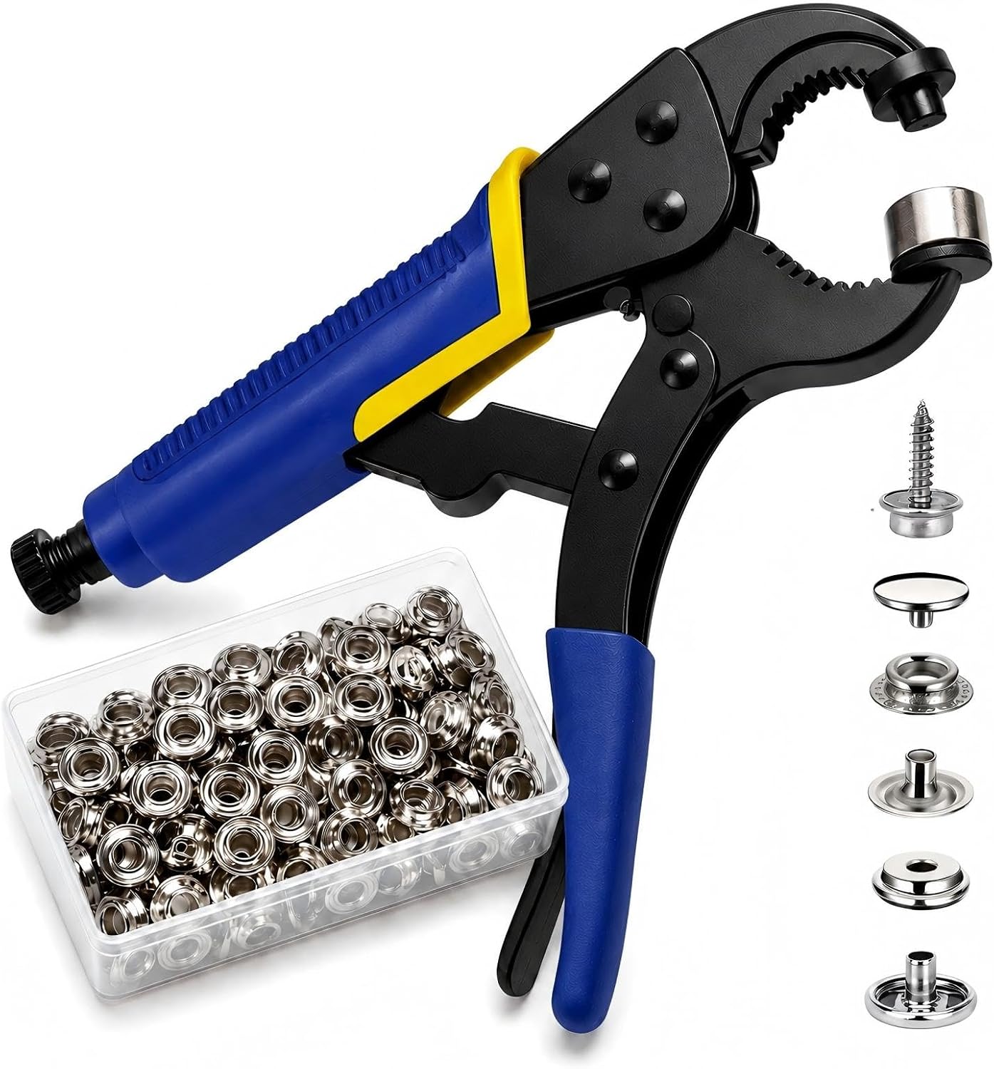 Heavy Duty Snap Fastener Tool Kit with 210 Sets Snaps, Snap Button Installer Pliers with Punch Die, Canvas Snap Repair Kit for Boat Covers, Tarps, Leather, Fabric (Blue)