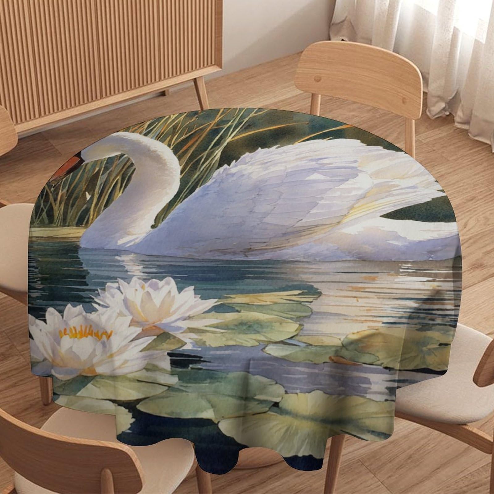 LUYYSKY Vintage Classic Elegant Swan Waterproof Round Tablecloth Classic Watercolor Lake Lotus Floral Animal Swan Pattern Washable Table Cover for Kitchen-177.8" Wx177.8 L cm