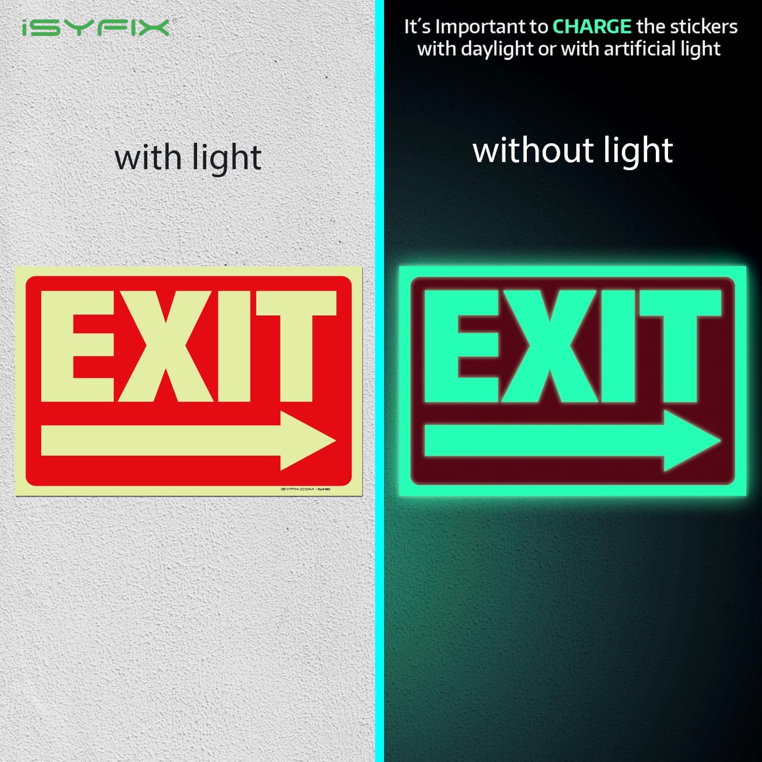 iSYFIX Exit Stickers Signs with Directional Right Arrow 6 Pack 10x7 Inch - Glow in the Dark Photoluminescent Vinyl for Office, School, Business, Warehouse - UV & Weather Resistant for Indoor/Outdoor Use
