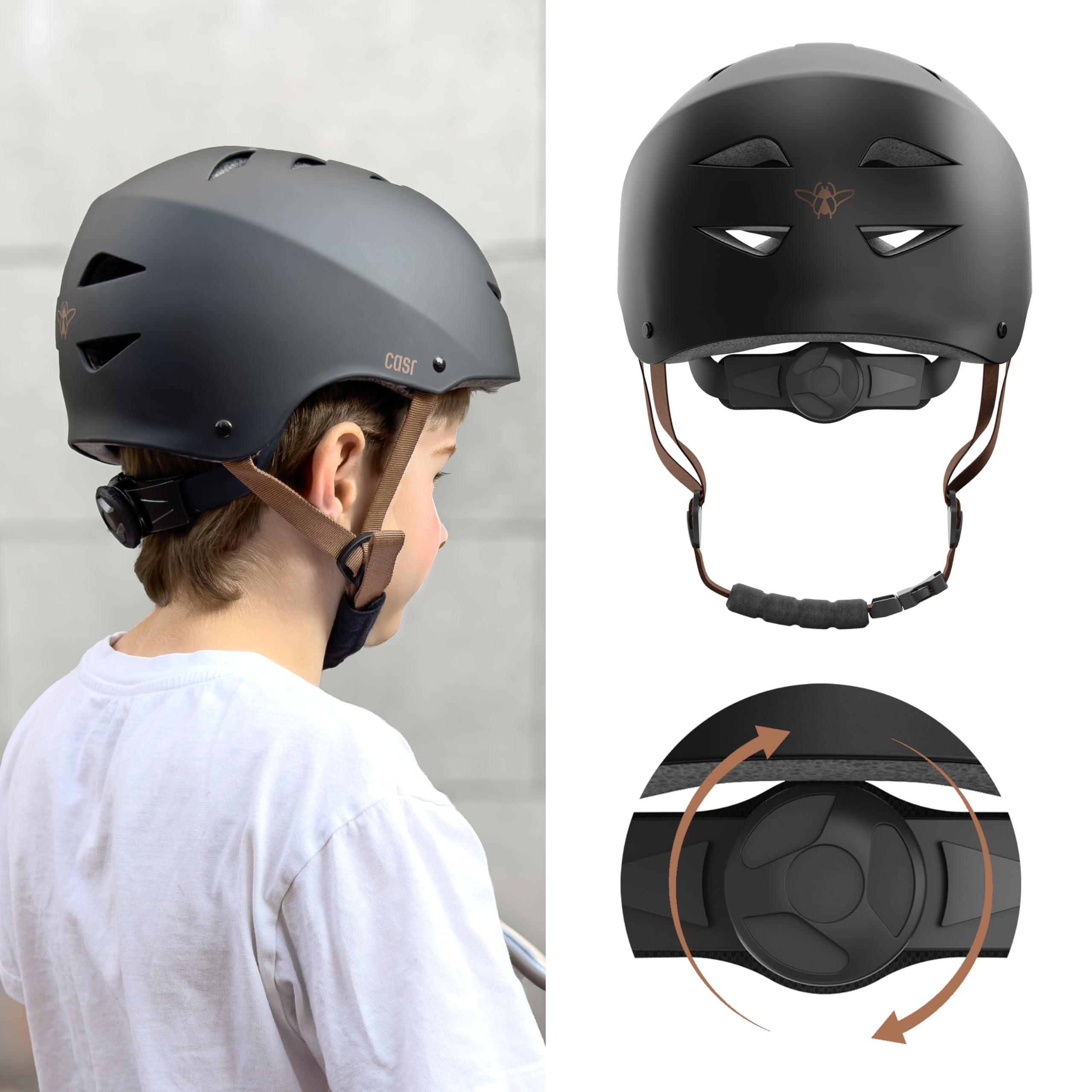 Casque Vélo Enfant CASR Classic - Léger, Taille Ajustable, Certifié EN1078, Noir Mat, Taille S