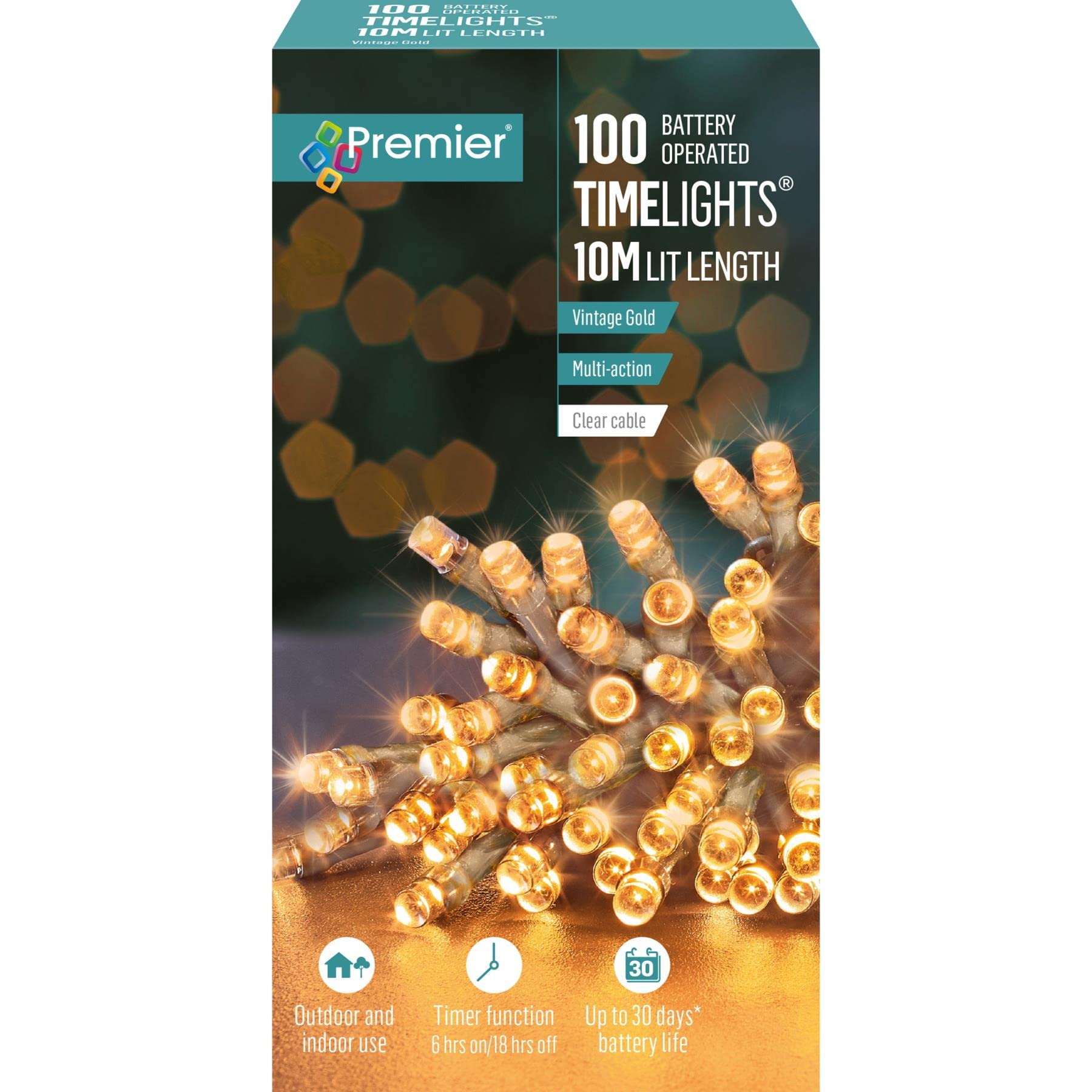 Premier Gold 100 Timelights Battery Operated 10M Clear Cable Multi Action String Lights - Vintage