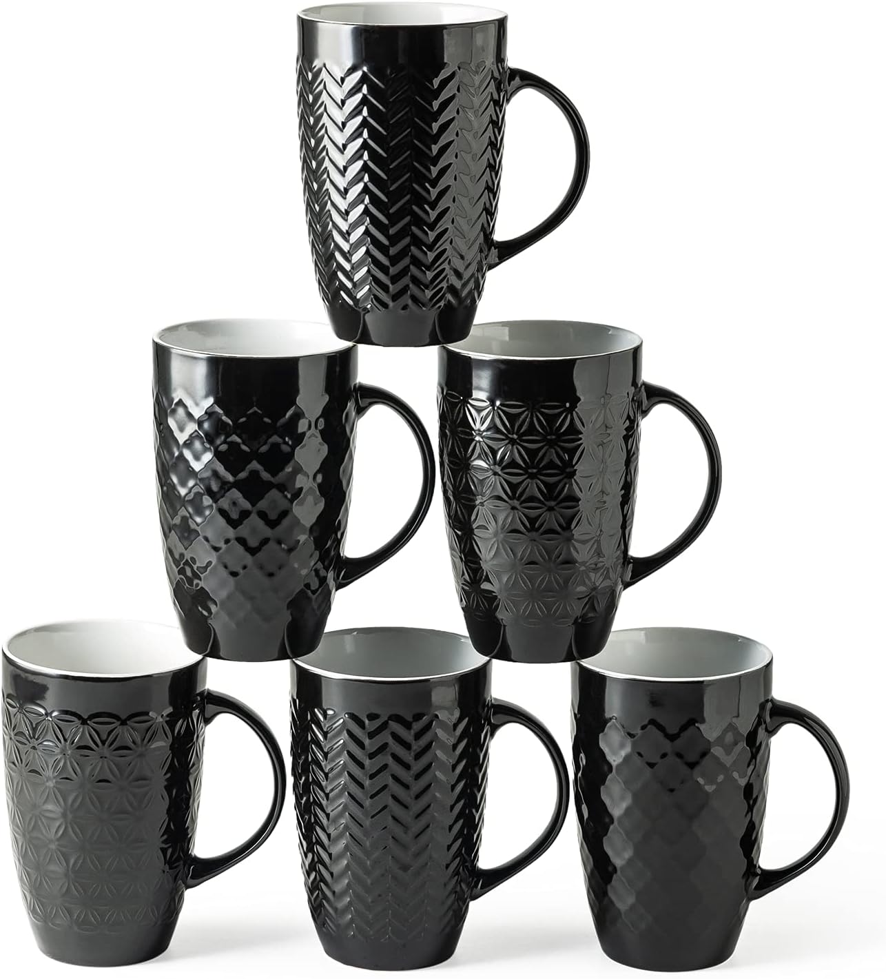 AmorArc Large Coffee Mugs Set of 6, 22oz Ceramic Tall Coffee Mugs Set with Textured Geometric Patterns for Latte/Tea/Beer/Hot Cocoa, Dishwasher & Microwave Safe, Black