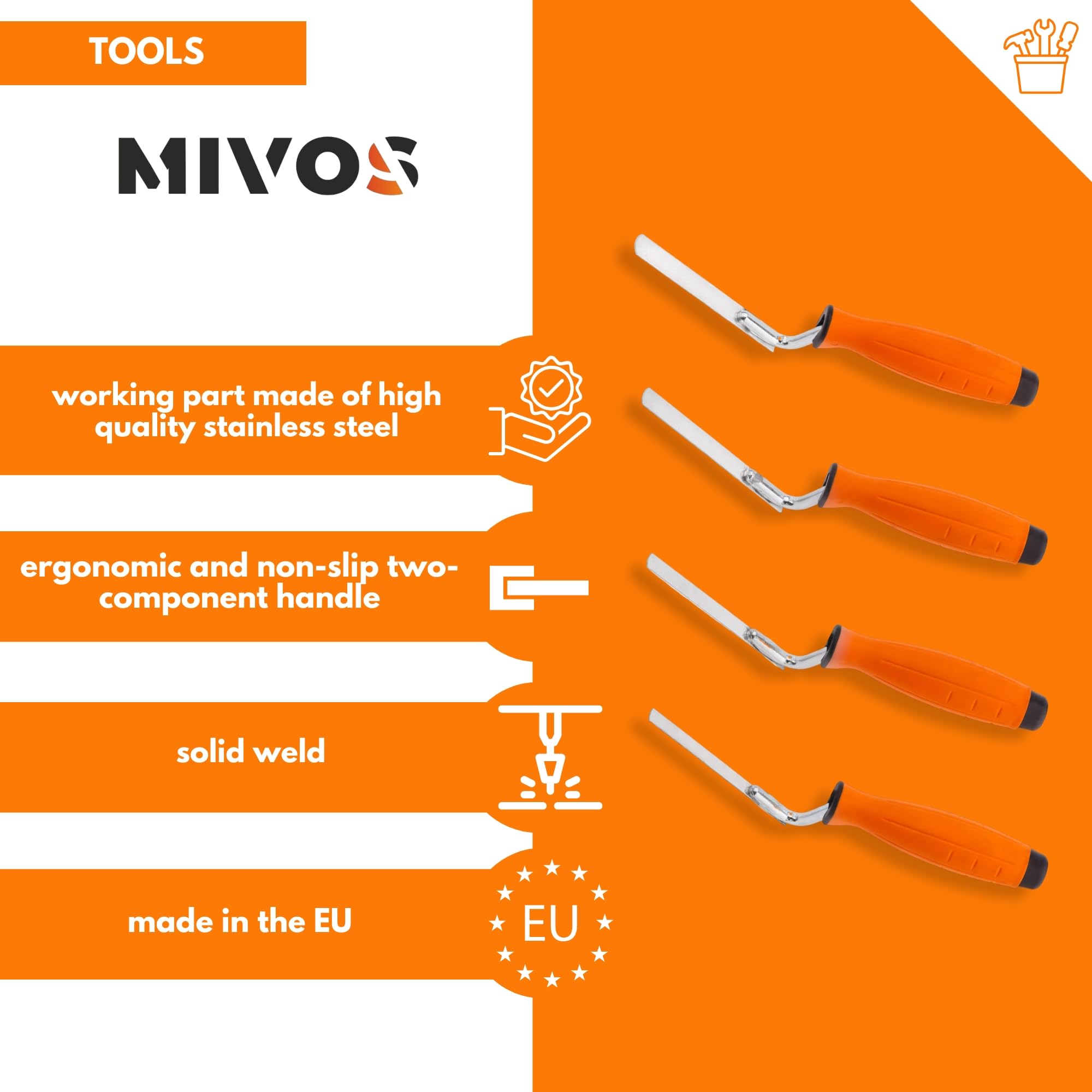 Mivos Lot de 4 truelles à Joints en Acier Inoxydable - Largeur 8 10 12 14 mm - avec poignée Souple et Lame Flexible en Acier Inoxydable - Truelle à Joints pour jointoiement Briques et Briques de
