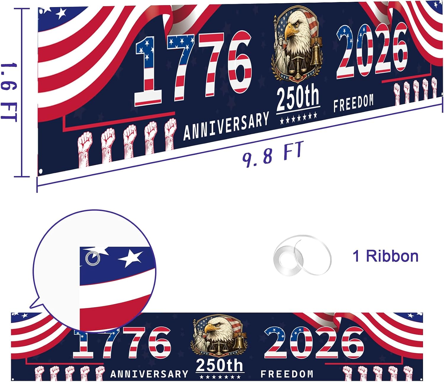 Uflashmi 250 Anniversary USA Banner, 1776-2026 American 250th Yard Banner Sign for Garden Lawn Decor, Outdoor&Indoor, 9.8X1.6 Ft, Blue