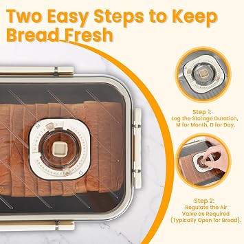 Large Bread Container: Time Recording Bread Storage Container with Lid, Stainless Steel Bread Box, Bread Storage Solution, Airtight Bread Box, Dishwasher Safe (Silver-White)