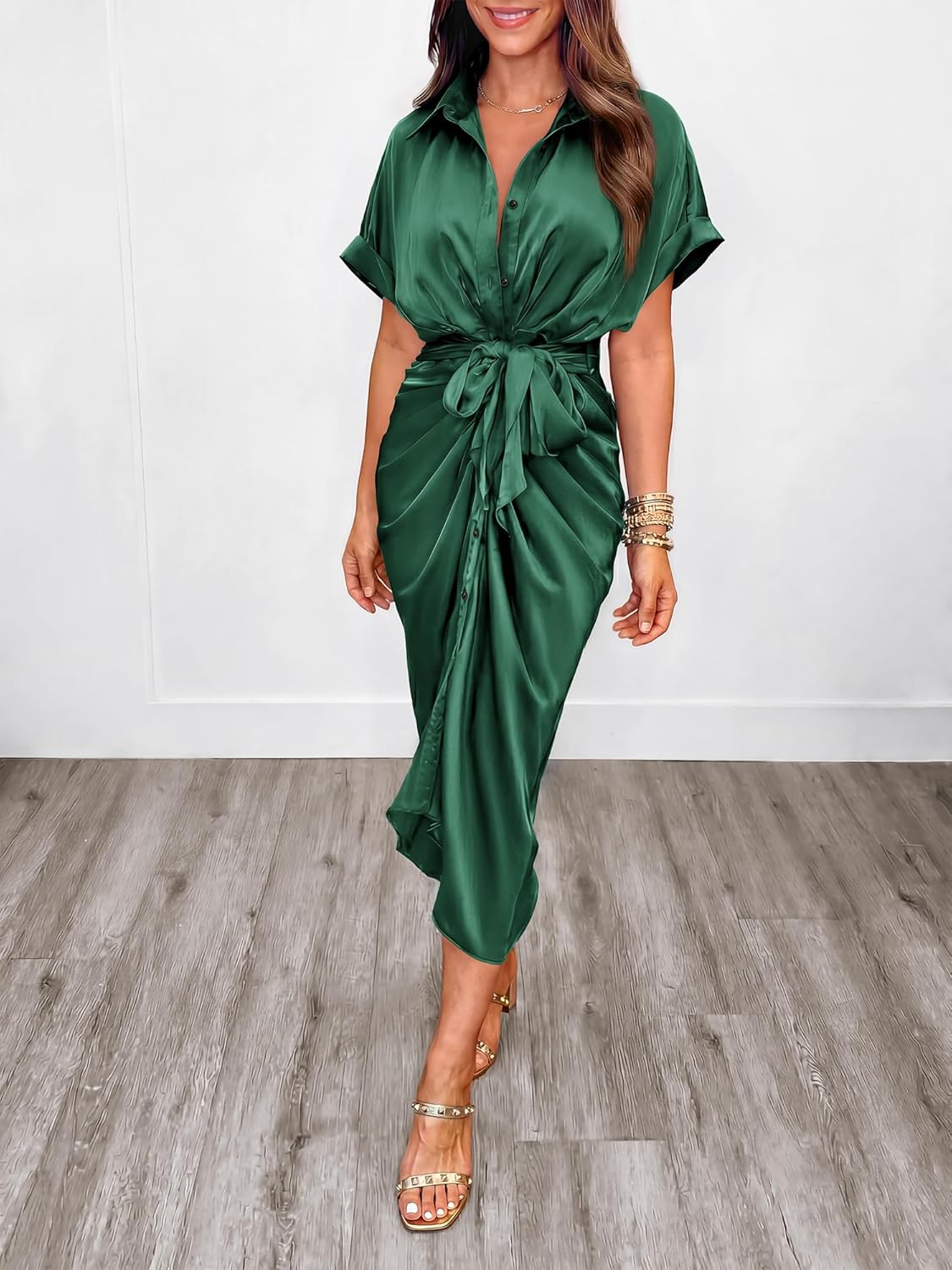 BTFBM Dresses for Women Summer Button Short Sleeve Silk Satin Ruched Spring Maxi Dress 2026 Cocktail Party Wedding