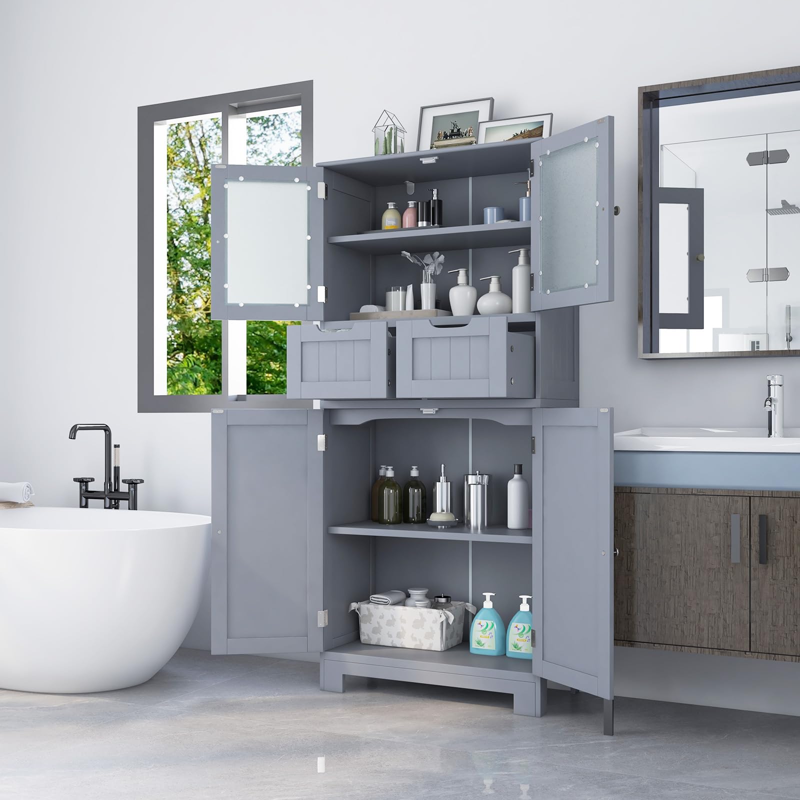 GIANTEX Mueble de Baño con 4 Puertas, Armario de Suelo con 2 Cajones y 2 Estantes Ajustables, Kit Antivuelco, 60 x 30 x 128 cm, Mueble de Almacenamiento para Salón, Dormitorio (Gris)