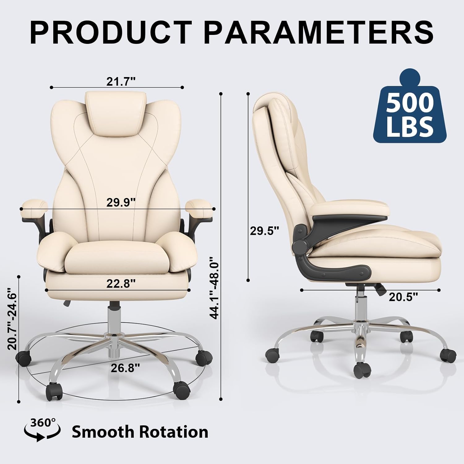 Hovos Office Chair, Ergonomic Big and Tall Desk Leather Chair with Padded Flip-up Arms, Adjustable Tilt Lock, Heavy Duty Swivel Rolling Computer Chair for Home Office, Beige
