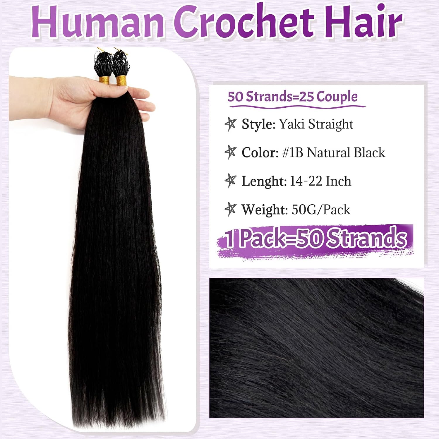 Crochet Hair Yaki Straight Human Hair Extensions for Black Women Pre-Separated Knotless Invisble Micro Loop Hair Extensions Crochet Human Hair for Braiding 18 inch 50g