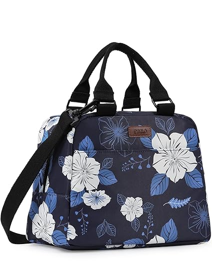 PBRO Insulated Lunch Bag for Women,Wide-Open Reusable Lunch Tote Bag with Adjustable Shoulder Belt,Cute White Floral Leaves Portable Lunch Box Cooler Bag for Travel Picnic,Office,Working -Blue