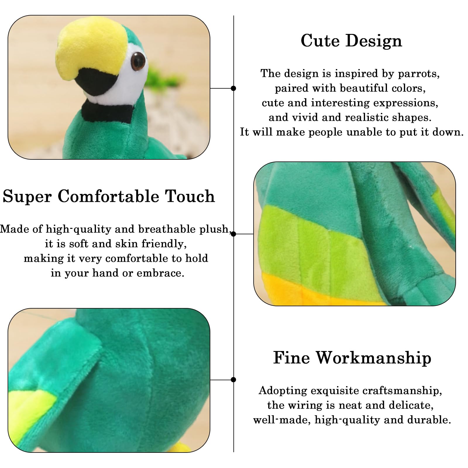 zhidiloveyou 7.9" Parrot Stuffed Animal Plush Cute Small Bird Toy Gifts for Girls Boys, Green - Image 3