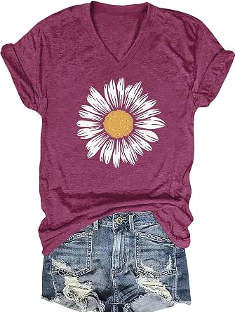 Womens Vintage Flowers V Neck Shirt Boho Floral Wildflowers Graphic Tee Casual Short Sleeve T Shirt