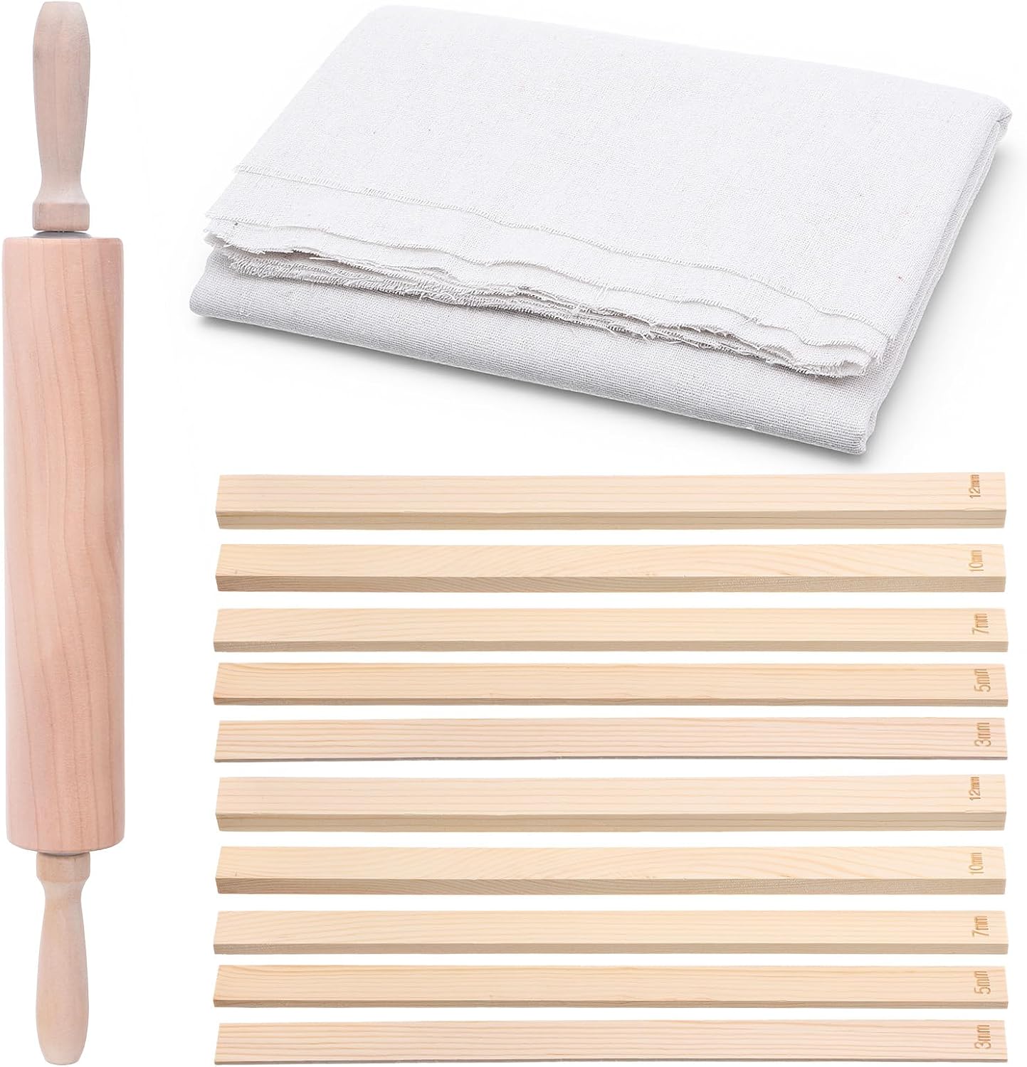 mekueeex 12 Pcs Polymer Clay Tools Set with Bamboo Clay Rolling Pin, 5-Size Guide Rails & Linen Mat - Essential Pottery Tools and Supplies for Sculpting, Pottery Wheel & DIY Crafts