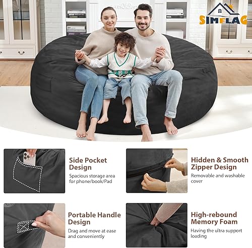 Miniatura 456 de Puf de 5 pies, puf grande con relleno de espuma viscoelástica, sofá puff esponjoso con funda de terciopelo holandés, puf redondo para sala de estar,