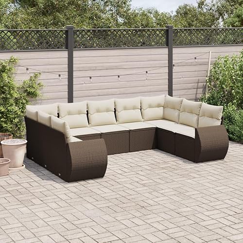 Garden Sofa Set Brown, Cream White Cushions, 9 Piece Outdoor