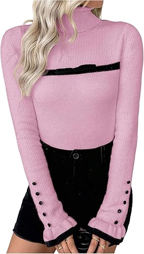 Verdusa Women's Turtleneck Sweater Long Sleeve Ribbed Knit L