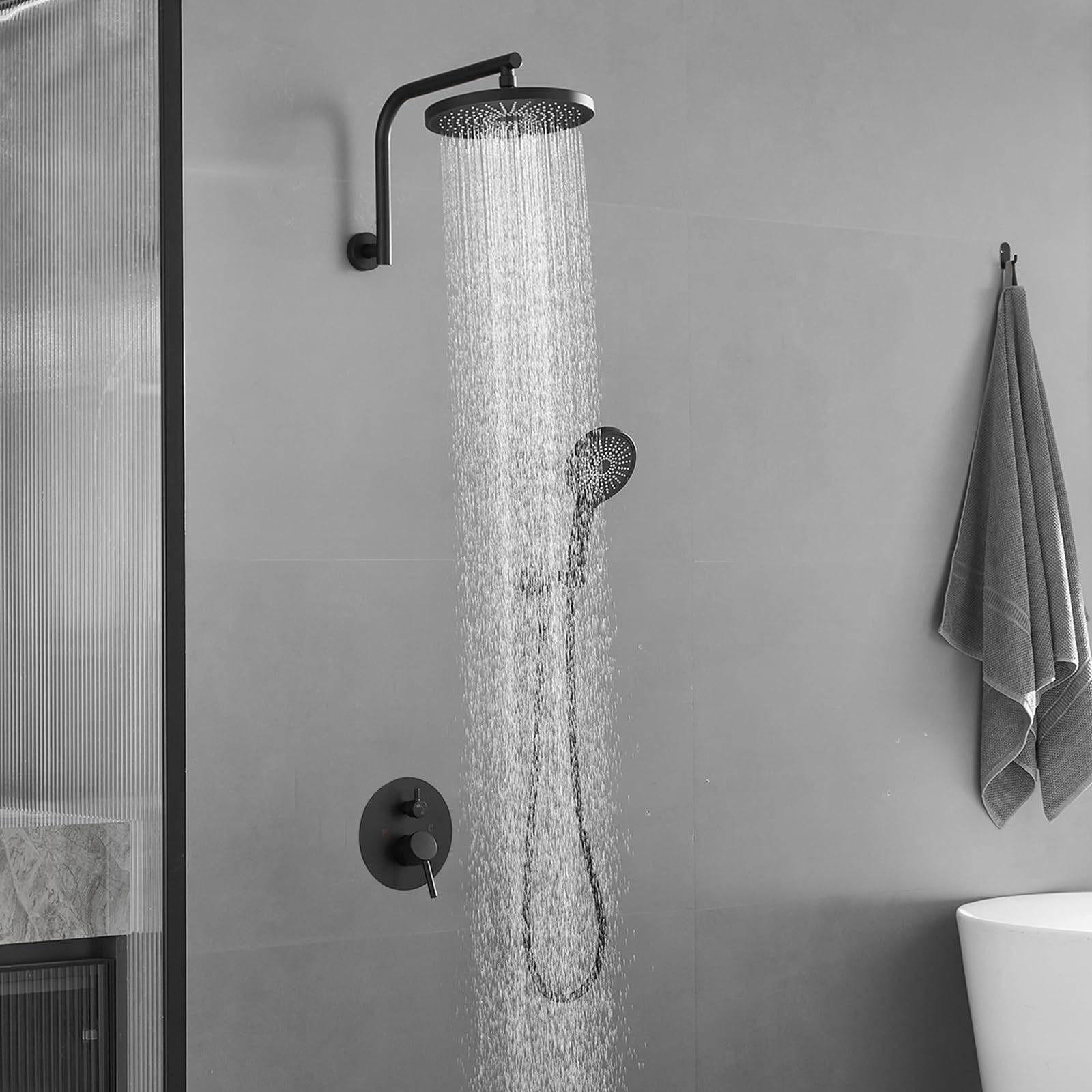 BWE Black Shower System - Rain Head & Handheld -9