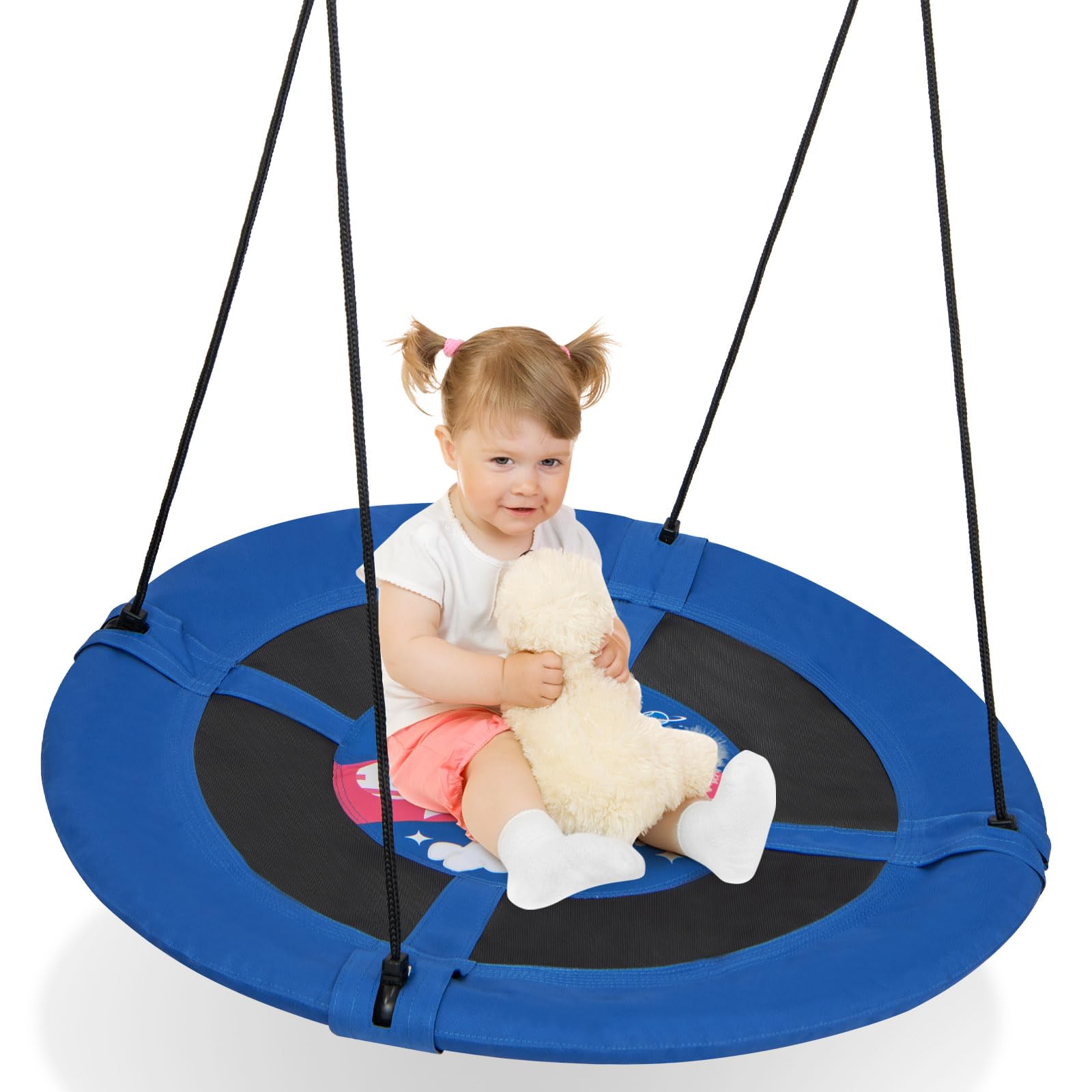 GYMAX Kids Nest Swing, 41 Inch/104cm Saucer Tree Swing with Height Adjustable Hanging Ropes, Indoor Outdoor Round Children Swing for Playground Garden Backyard (Navy Blue Rocket), GY11372