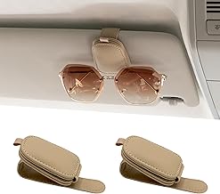 Yuoyar 2 Packs Sunglasses Holders for Car Visor - Magnetic Leather Sunglasses Holder and Ticket Card Clip - Car Visor Accessories (Beige)