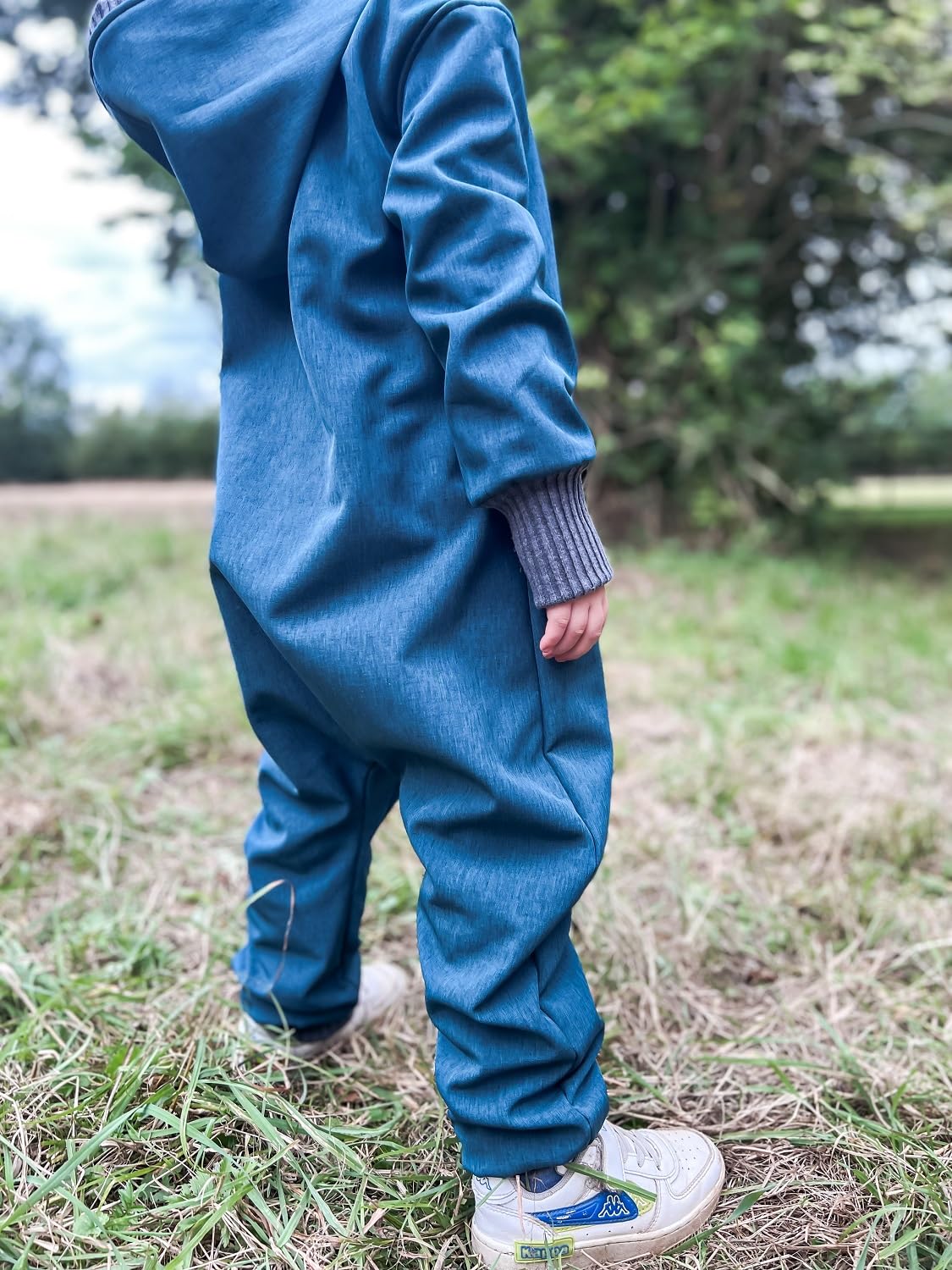 Lilakind“ Baby Kinder Softshell Regen Overall mit Kapuze Meliert einfarbig Uni Senf, Lila, Grau, Petrol Gr. 74-122 - Made in Germany