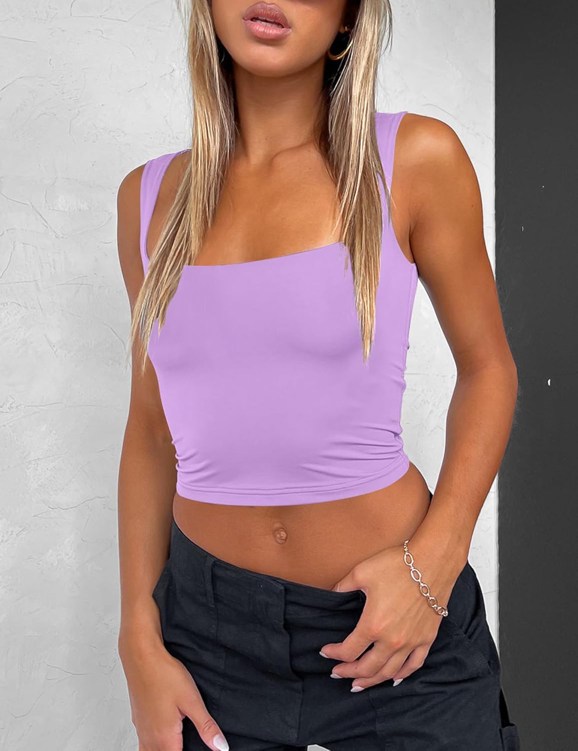 Mokoru Women's Sexy Sleeveless Square Neck Tank Top Double Lined Basic Crop Tops - Image 4