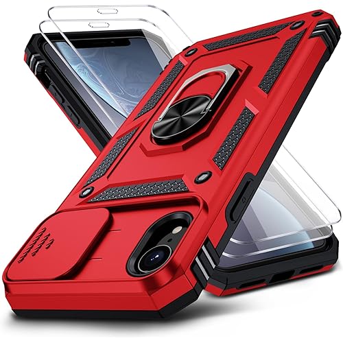 for iPhone XR Case, iPhone XR Phone Case with 2X HD Screen Protector + Slide Camera Cover,[Military Grade] 16ft. Drop Tested Protective Case with Magnetic Ring Kickstand, Red