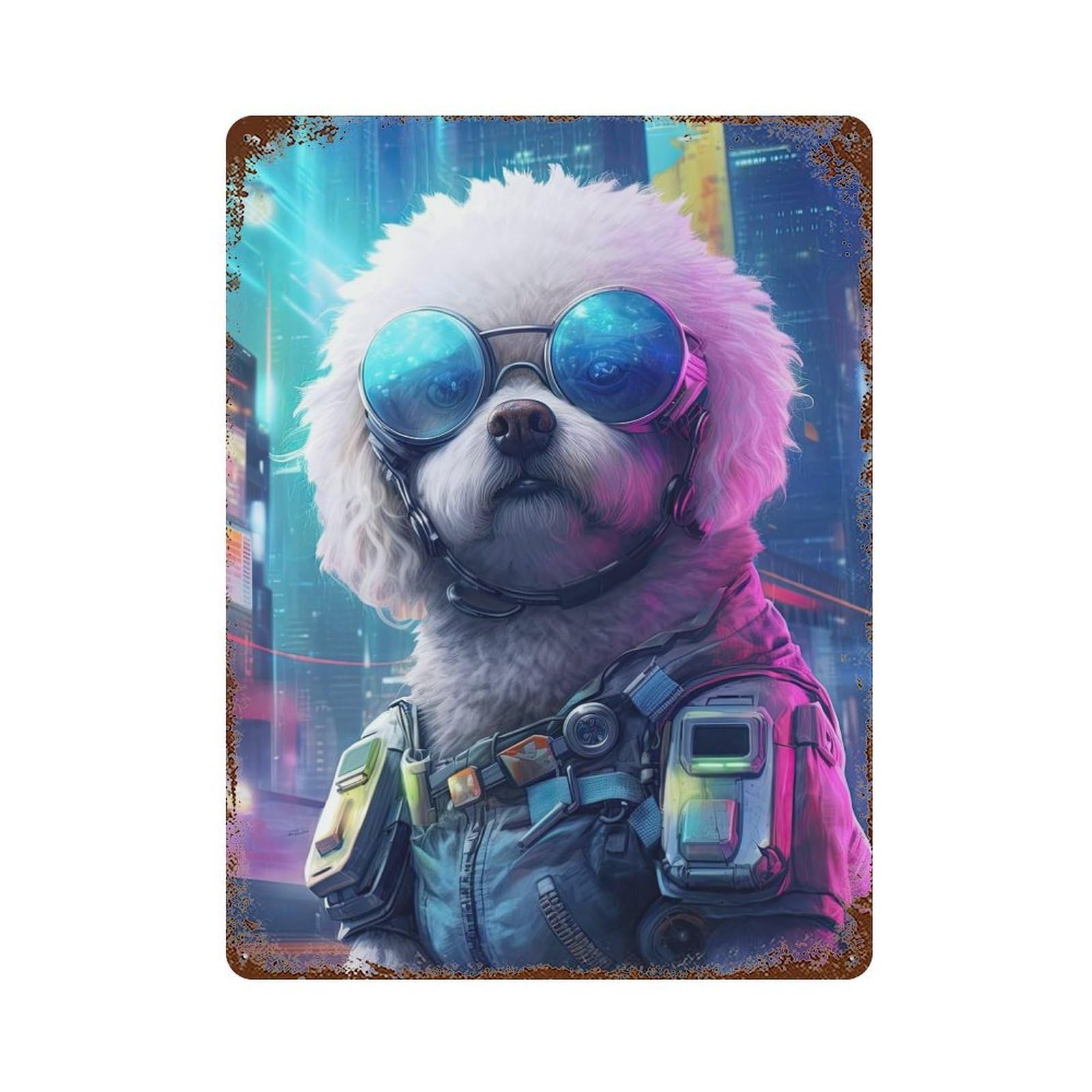 Bichon Frise Cyberpunk Distressed Metal Wall Sign 15.7"x11.8", for Basement, Hobby Room And Garage Decor, Shabby Chic Decor