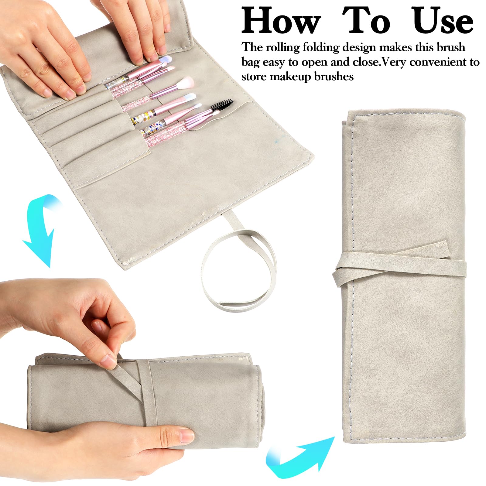 Lnngub Makeup Brush Organizer Roll-Up Pu Leather Travel Makeup Brush Bag Pouch for Women Cosmetic Brushes - Image 4