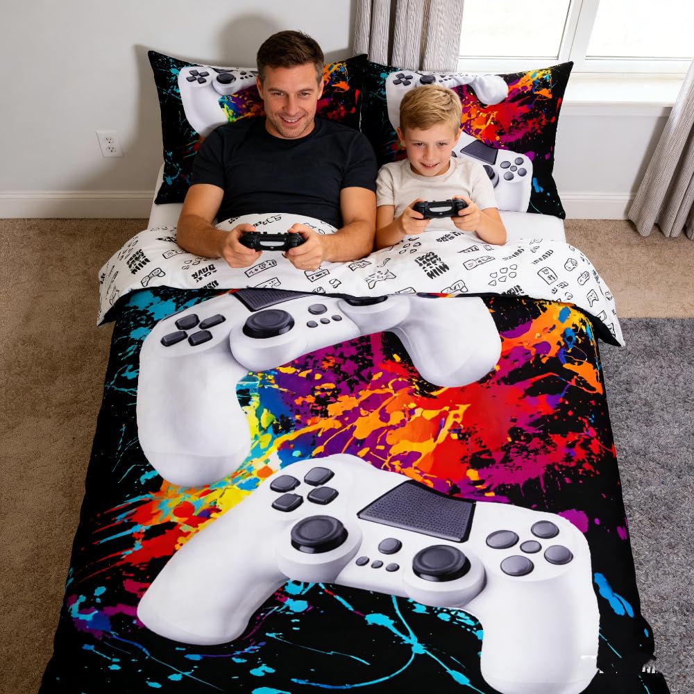 Homemissing Boys Multicoloured 13 Games Duvet Cover Watercolor Gamepad Bedding Set Kids Video Game Gamepad Bedding & Linen Gamer Game Controller Bedding & Linen 3Pcs Double Size