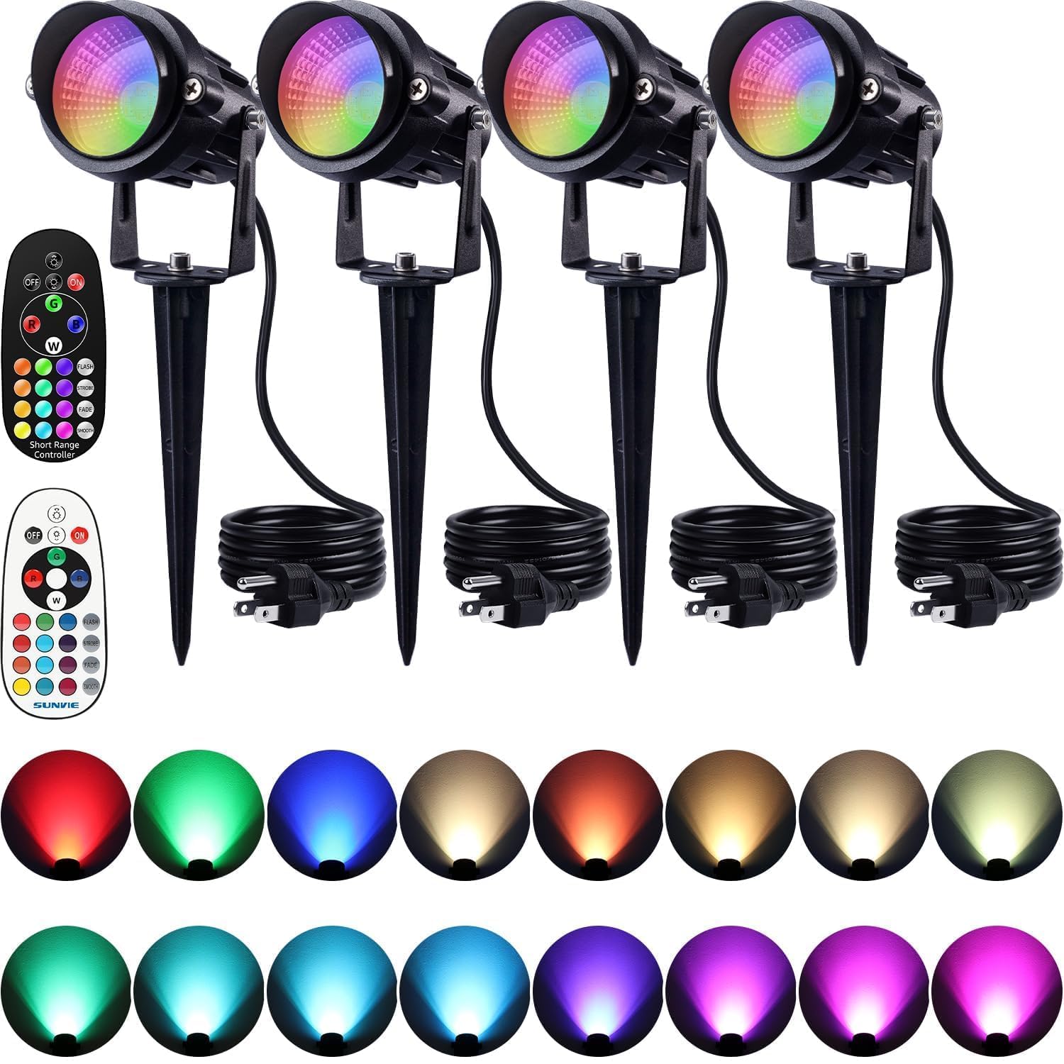 SUNVIE Spot Lights Outdoor 12W RGBW Color Changing Landscape Lights with Remote Control 120V RGB Landscape Lighting Waterproof Outdoor Spotlights for Yard Garden Patio Lawn Decorative, 4 Pack