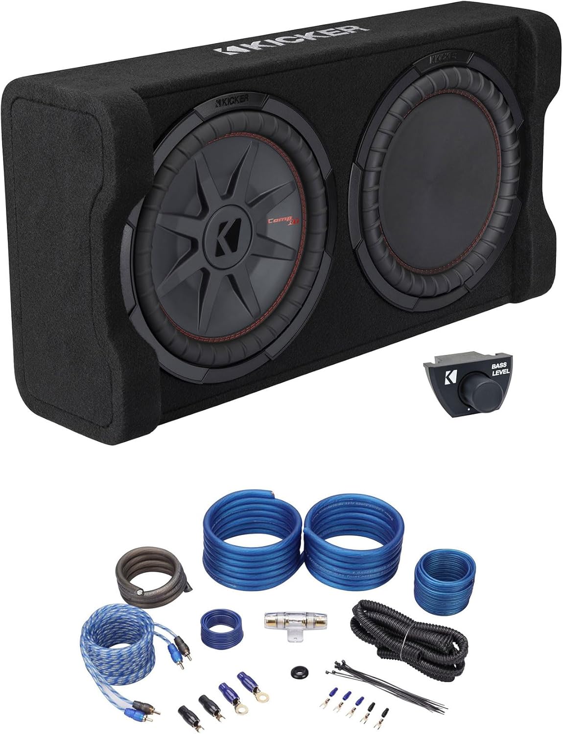 Audiosavings Bundle: Kicker 51PTRTP12 TRTP 12" 500w Powered Down-Fire Subwoofer+Enclosure Box with Rockville RWK41 4 Gauge Complete Car Amp Wiring Installation Wire Kit with RCA's (2 Items)