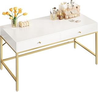 SUPERJARE 47 Inch Vanity Desk with 2 Drawers - Modern White Gold Makeup Dressing Table, Computer Desk for Bedroom Home Office