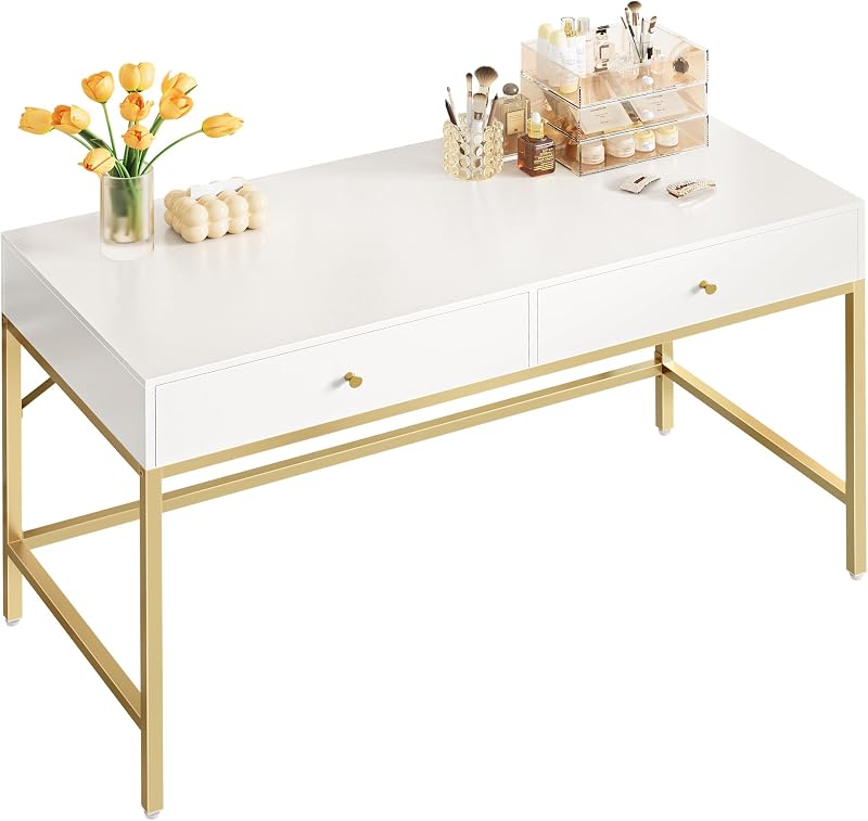 SUPERJARE White and Gold Vanity Desk with Drawers, 47 inch Computer Desk | Modern Simple Home Office Desks, Makeup Dressing Table for Bedroom