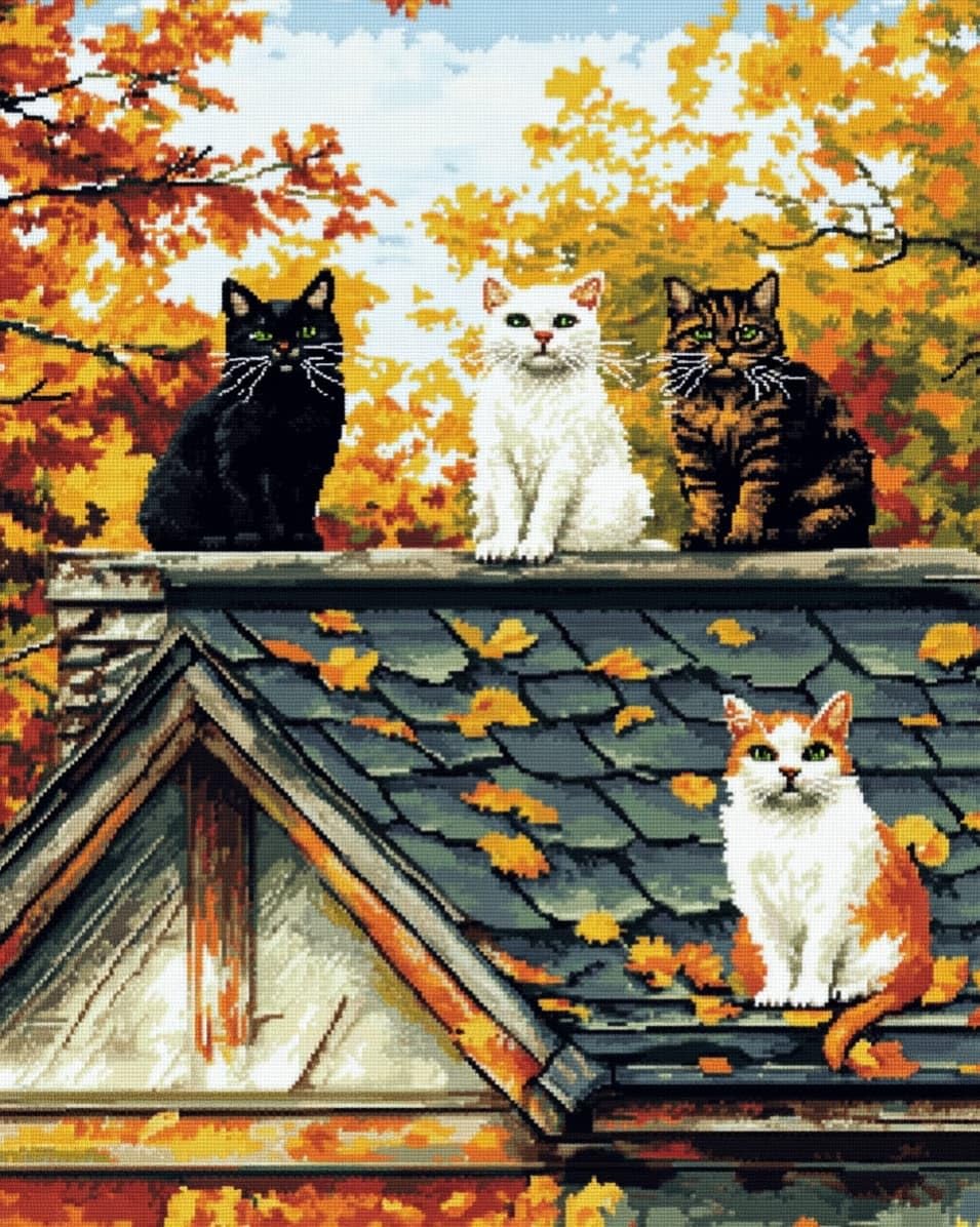 WallustrioaW Printed Cross Stitch Embroidery Patterns,Cat on the Eaves,DIY 11CT Cross Stitch Embroidery Kits Craft Hobby Gift for Adults,40x50cm
