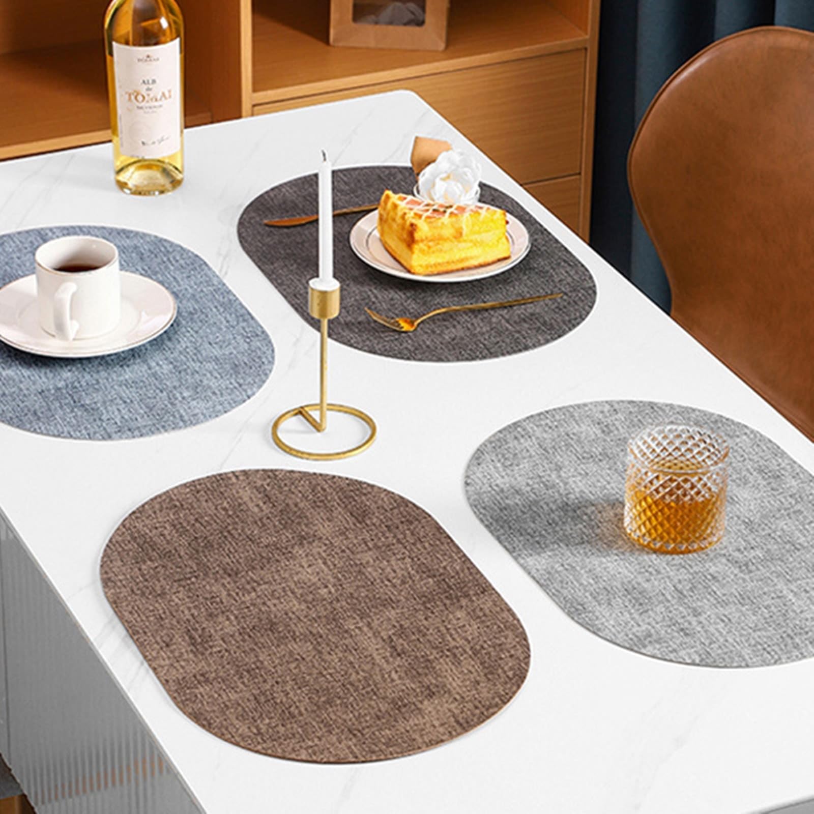 AMDXD Lot de 6 sets de table ovales rétro vintage - En cuir synthétique - Couleur unie - Texture tissée - Antidérapants - Gris clair - Pour restaurant, table à manger - 30 x 44 cm