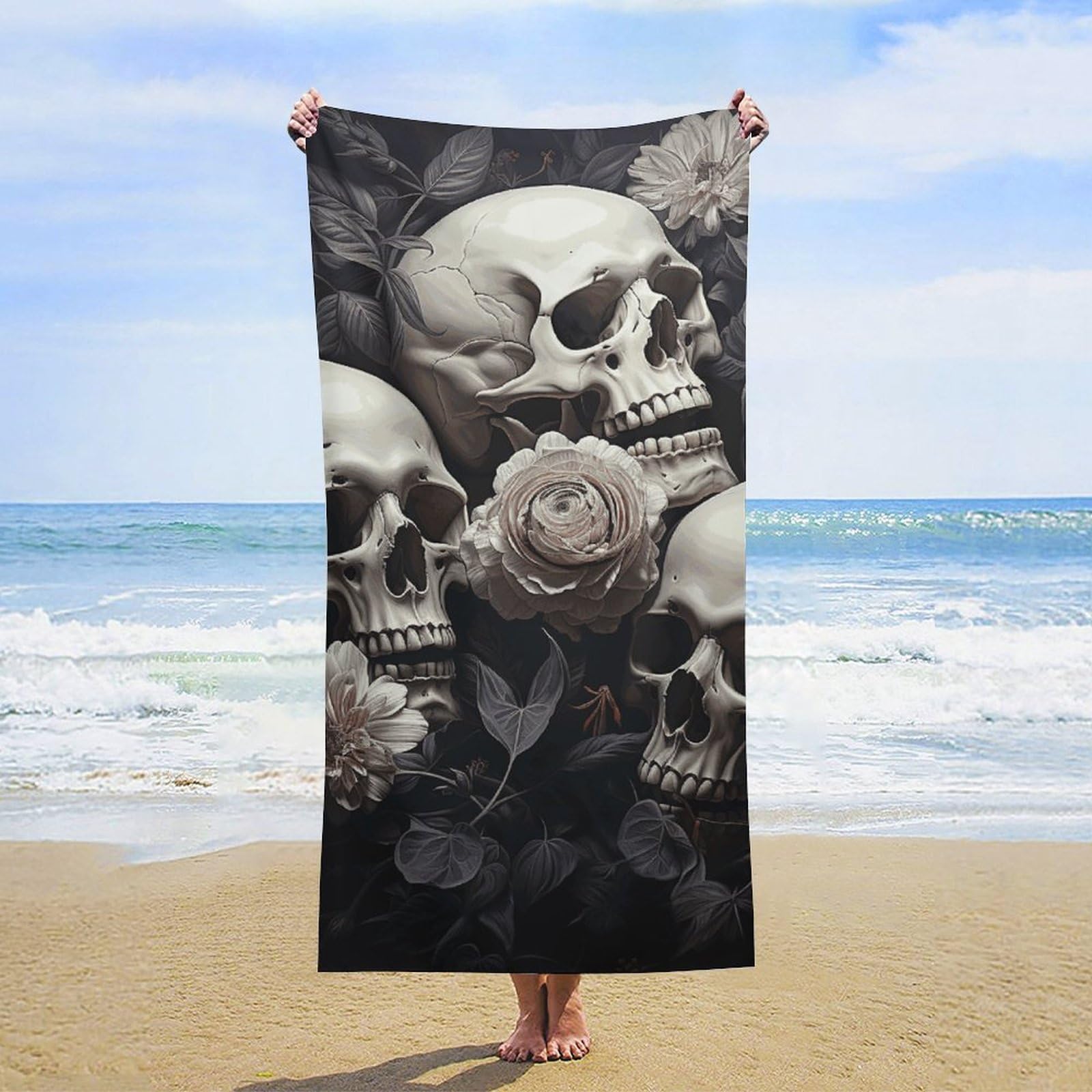 NTVOWPZO Black and White Flowers and Skull Beach Towel Oversized Microfiber Bath Towels Lightweight Sand Proof Beach Towels Absorbent Pool Towels for Swimming Yoga Bathroom Towel 31.5" X 63"