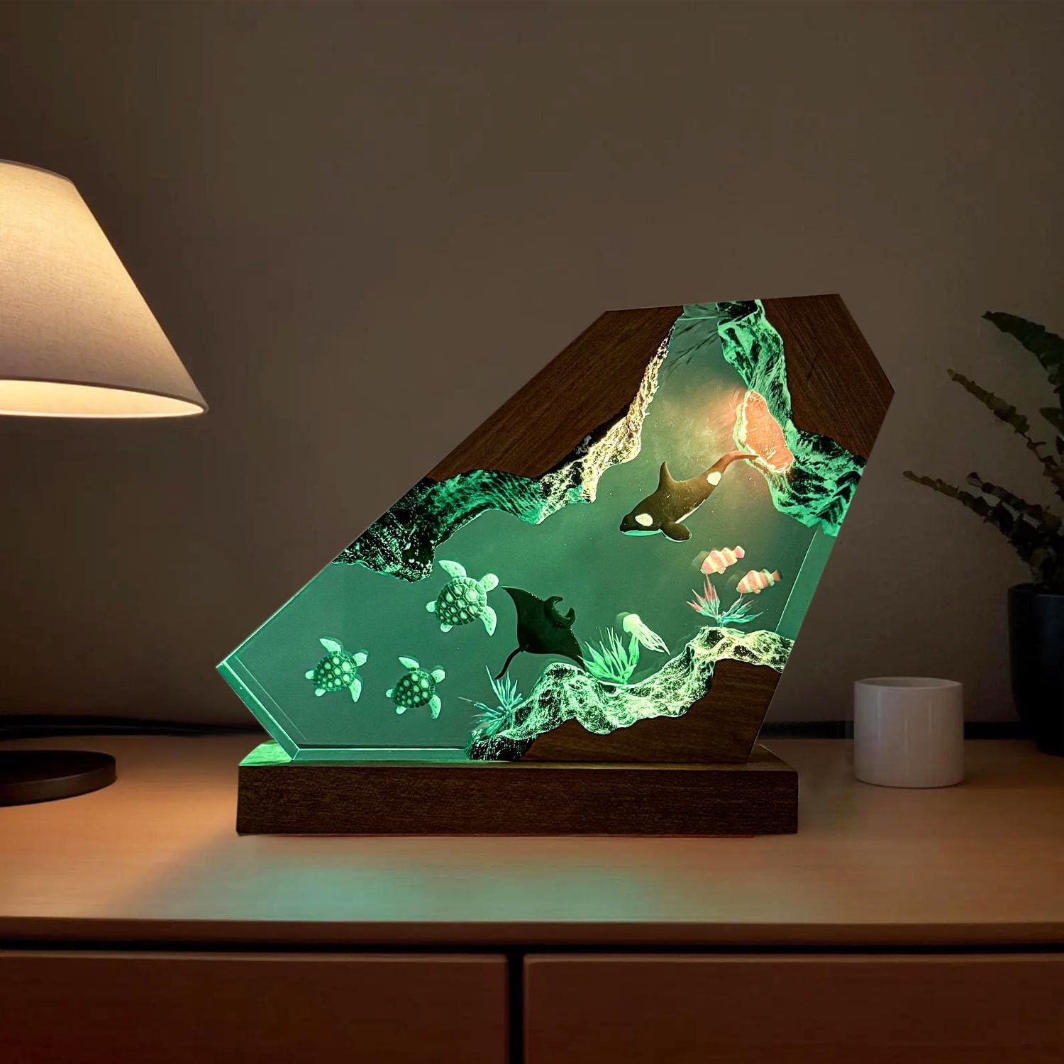 Lampa z żywicy oceanicznej Orca, ręcznie wykonana drewniana lampka stołowa, lampka nocna, port USB, ornamenty do dekoracji domu, biura, prezenty na urodziny, wyjątkowy prezent na Święto Dziękczynienia