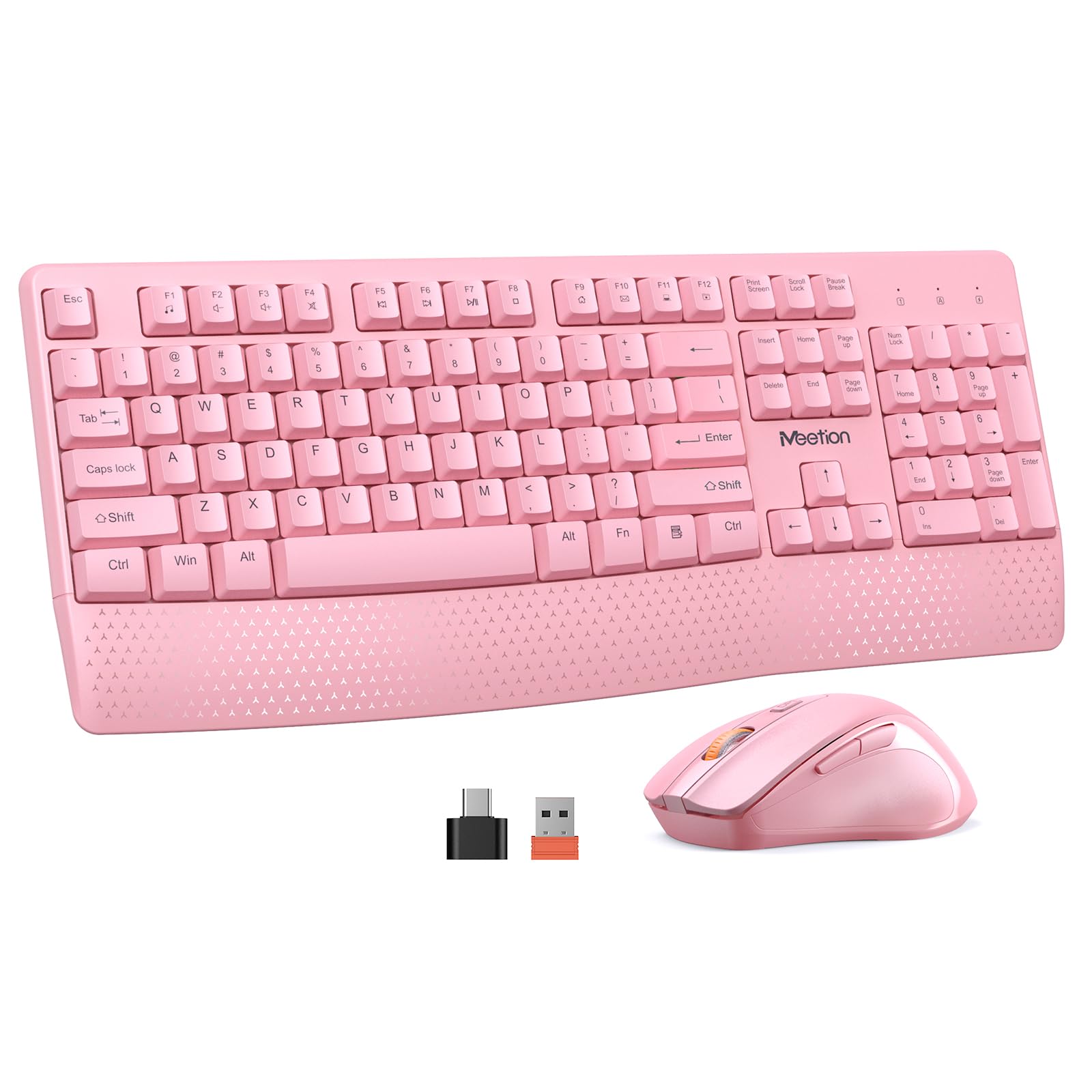 MEETION Wireless Keyboard and Mouse, Computer Keyboard Mouse, 3 DPI Adjustable USB A and USB C Adapter Full-Sized Cordless Keyboard and Mouse, Wrist Rest for PC/Computer/Laptop/Windows/Mac, Pink