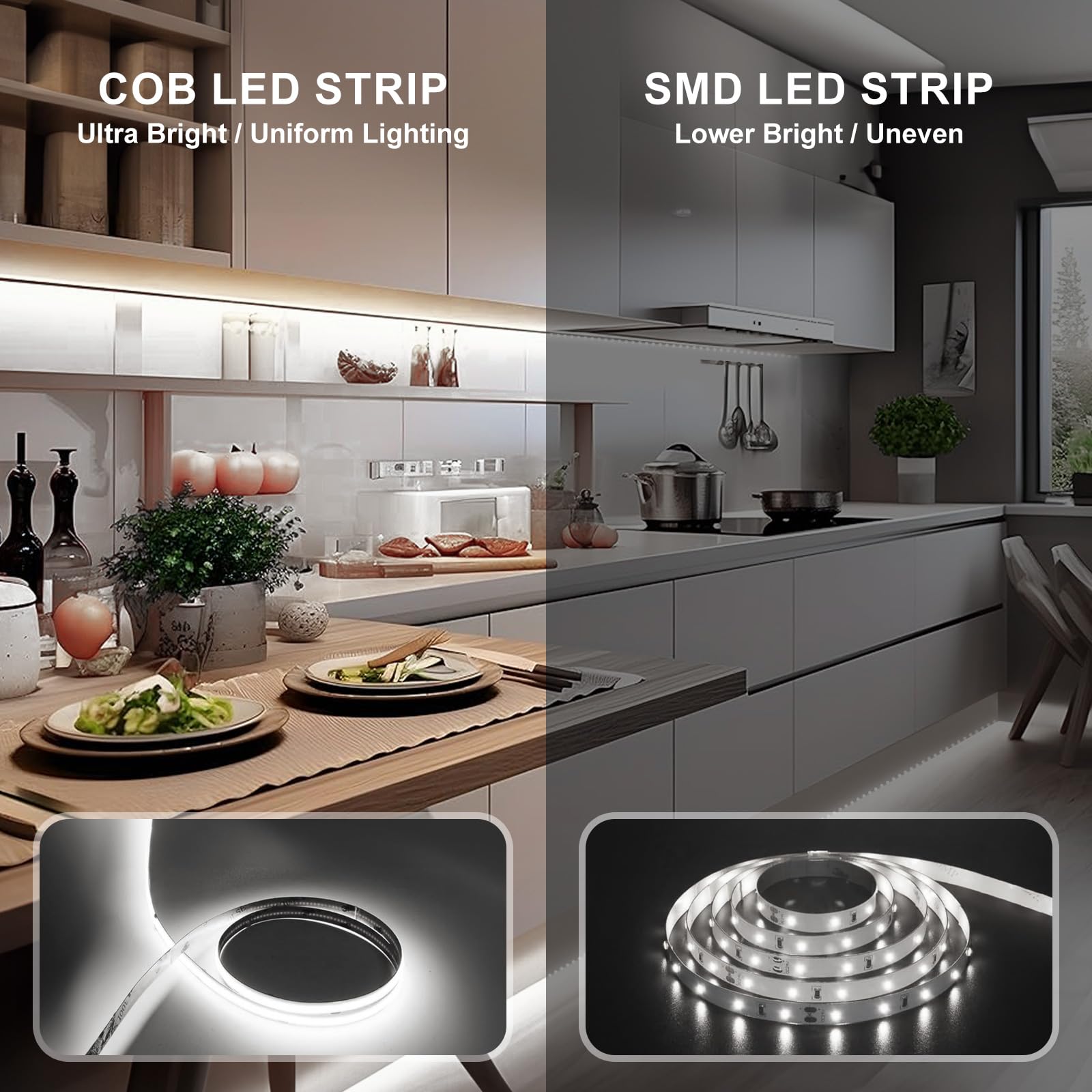 RYE COB DC12V - Striscia LED da 5 m, dimmerabile, luce bianca fredda, 6000 K, flessibile, adatta per illuminazione fai da te di sfondo TV, scale, camera da letto, cucina, con controller e alimentatore