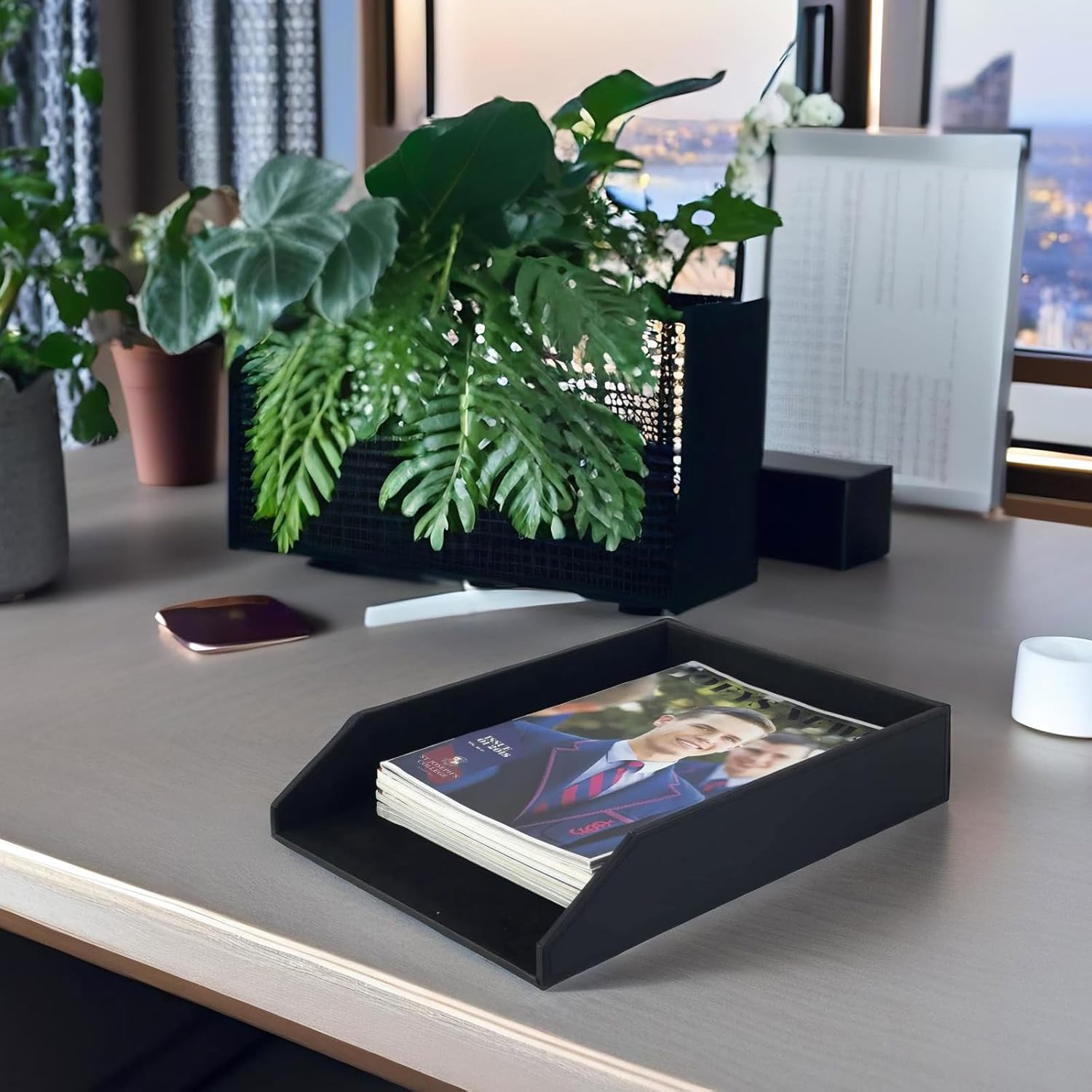 UnionBasic Stackable Document Paper Letter Tray, Faux Leather Desktop File Sorter Organizer Tray, Black
