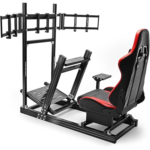 Supllueer 8040 Aluminum Sim Racing Cockpit with 3 Display Stand and Gaming Seat, Compatible with Logitech G29 G920/Thrustmaster T150 T248/Fanatec CSL-DD/Moza R5 R9 Wheels
