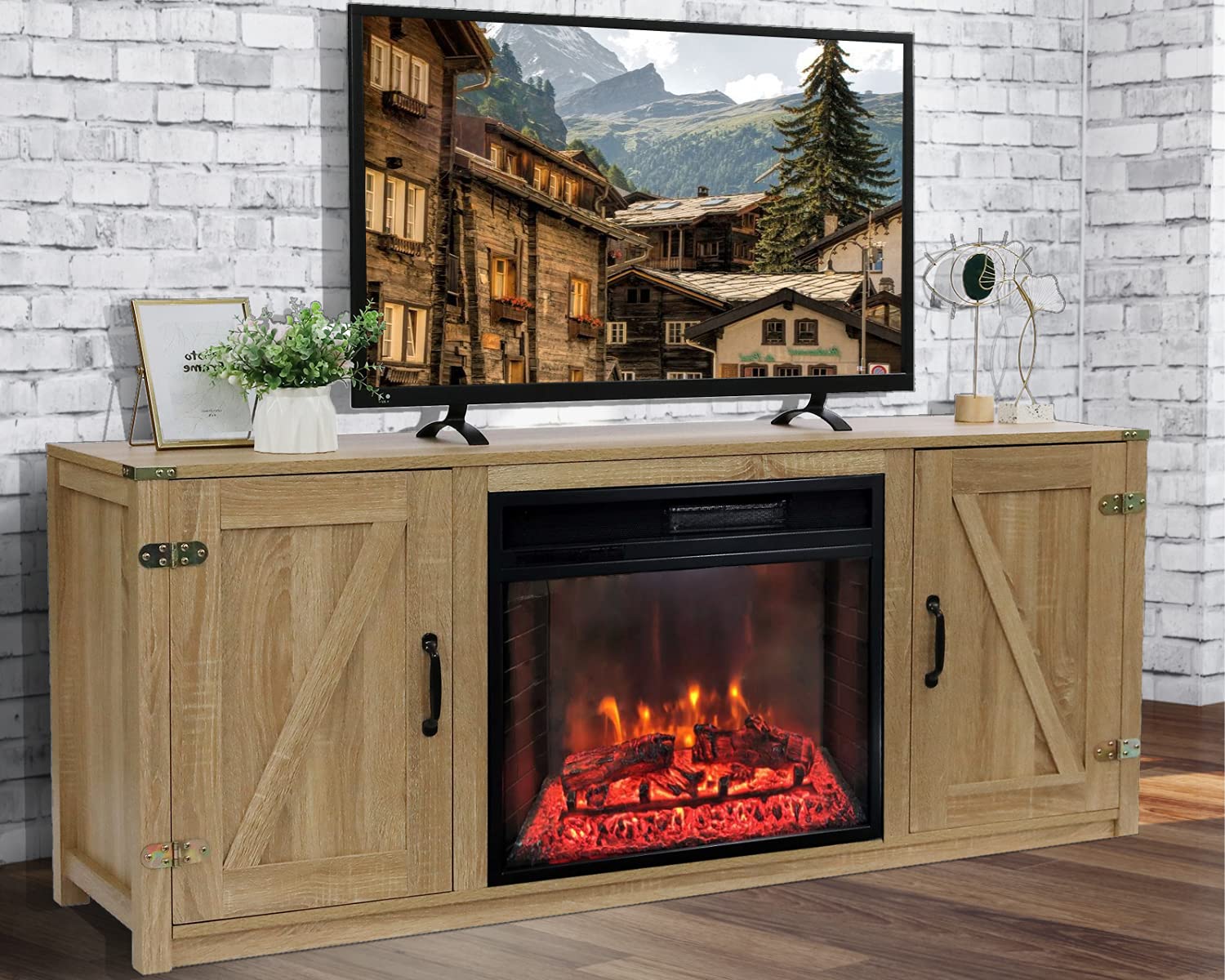 Buy VINGLI Farmhouse Fireplace TV Stand with Barn Door for TVs up to 65
