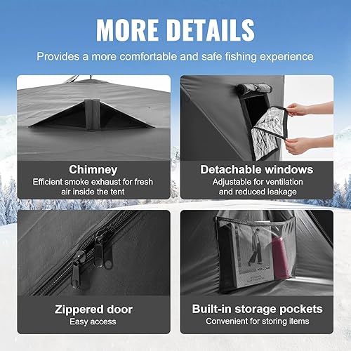 Miniatura 5 de VEVOR Portable Pop-Up Tent, 1-8 Person Insulated Shelter, Large Fishing Area, Hub-Style Shanty for Winter Fishing, Waterproof Oxford Ice Cube with