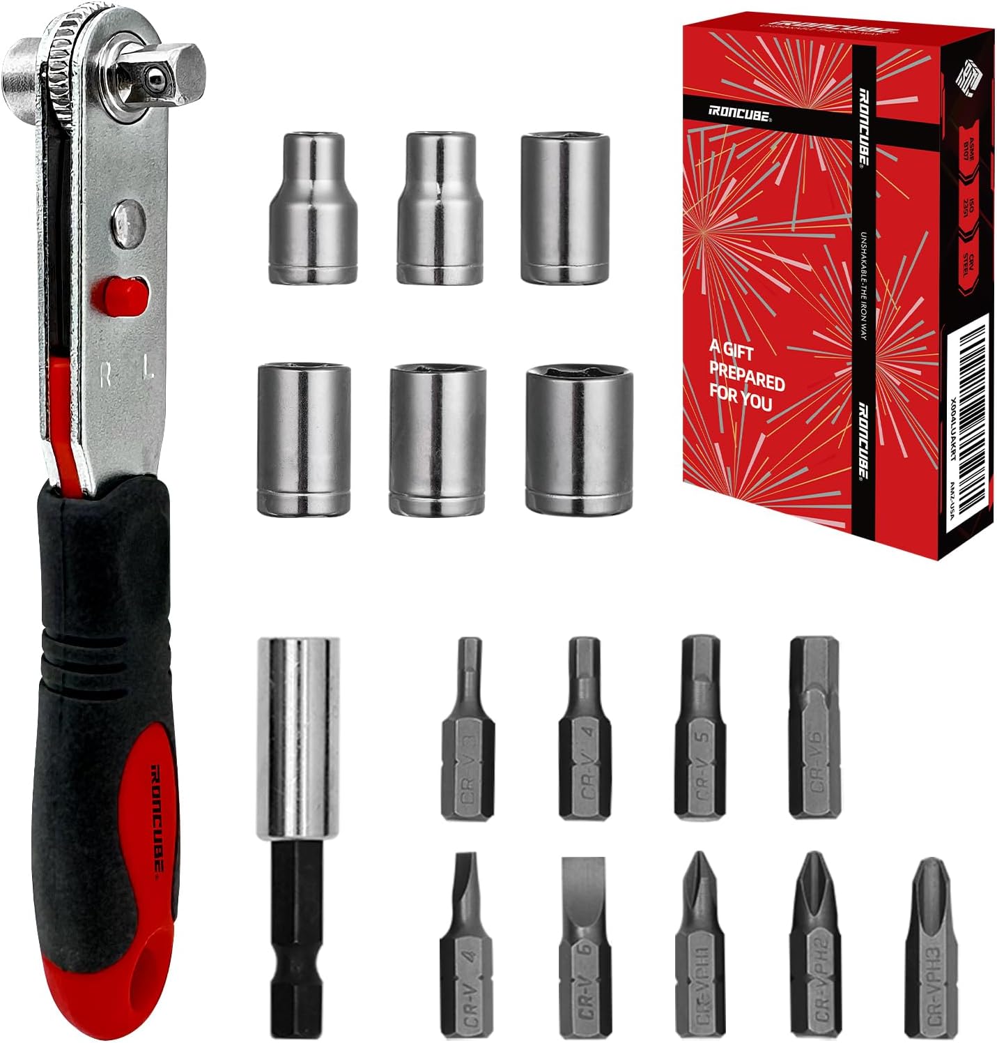 IRONCUBE Angle Ratchet Screwdriver Set: 10 Piece Magnetic Bit with 90 degree Mini Offset Low Profile Reversible Drive Handle - Stocking Stuffers with Gift Box