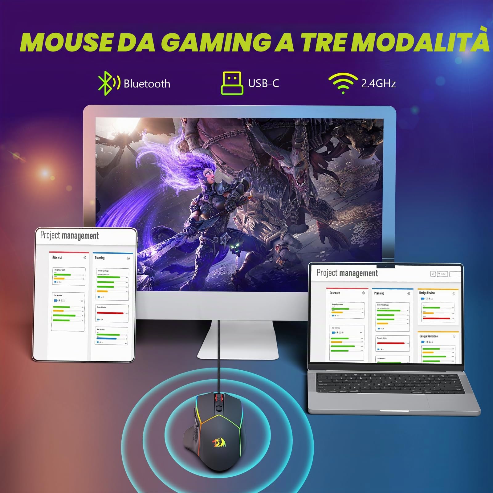 Redragon Mouse da gioco senza fili, 2,4 G/USB-C/Bluetooth, mouse ergonomico, 8000 DPI, RGB Back-Light, completamente programmabile, mouse wireless ricaricabile per computer portatile PC Mac, M814