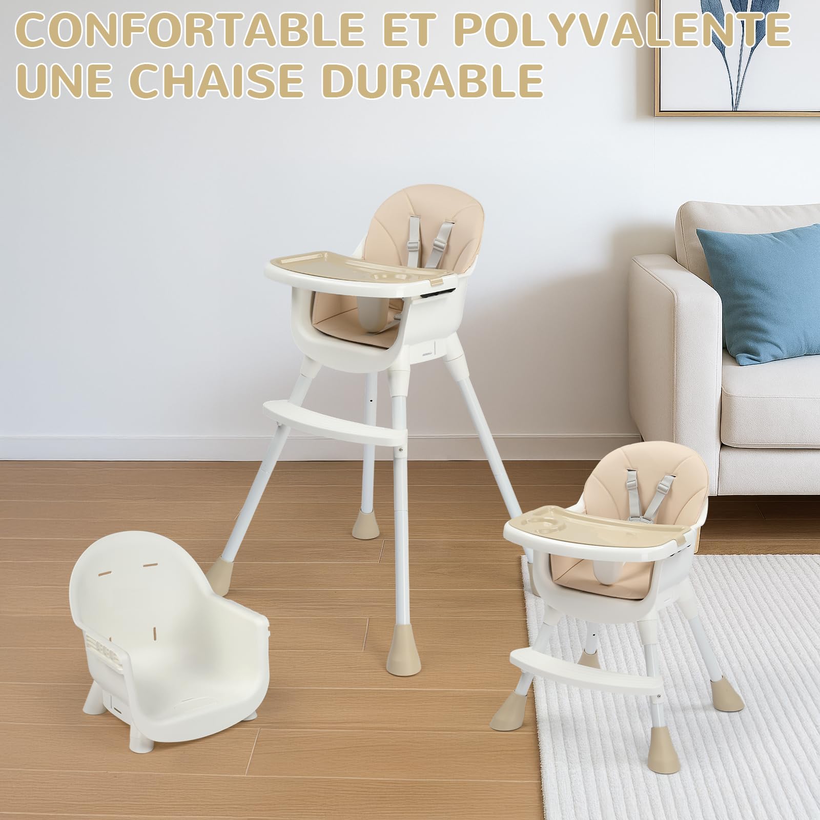LEADZM 3 en 1 Chaise Haute Bébé, Tabouret bas Variable, Double Plateau Amovible, avec Ceinture de Sécurité à 5 Points, Charge Maximale 15 kg, Convient aux Bébés de 6 à 36 Mois (Beige)