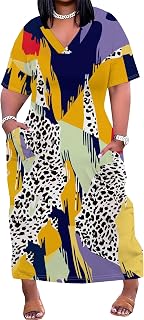 Women Casual T-Shirt Dress V Neck Short Sleeve Solid Color Oversize Dress with Front Two Pockets